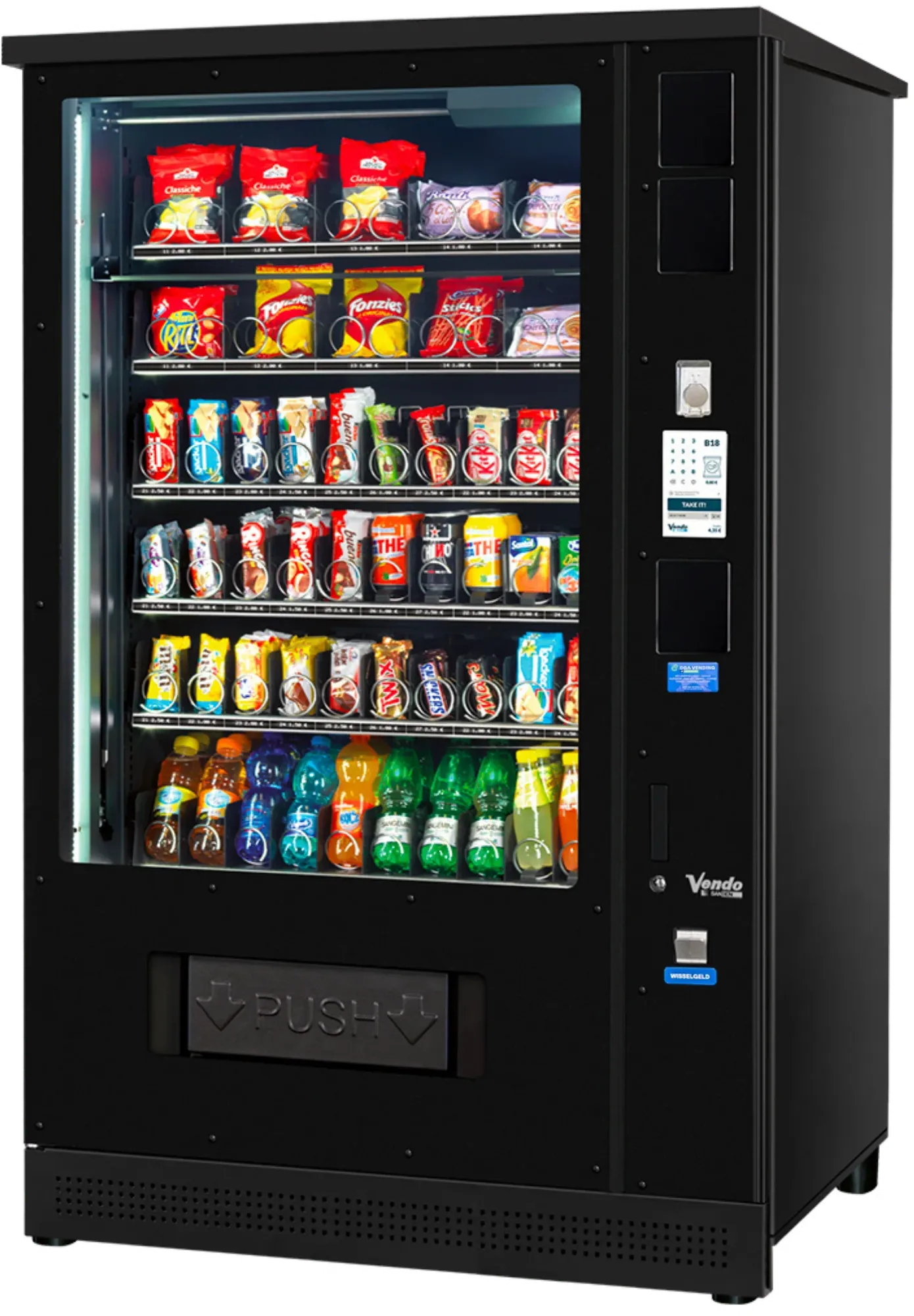 Een moderne verkoopautomaat met snacks en drinken achter glas